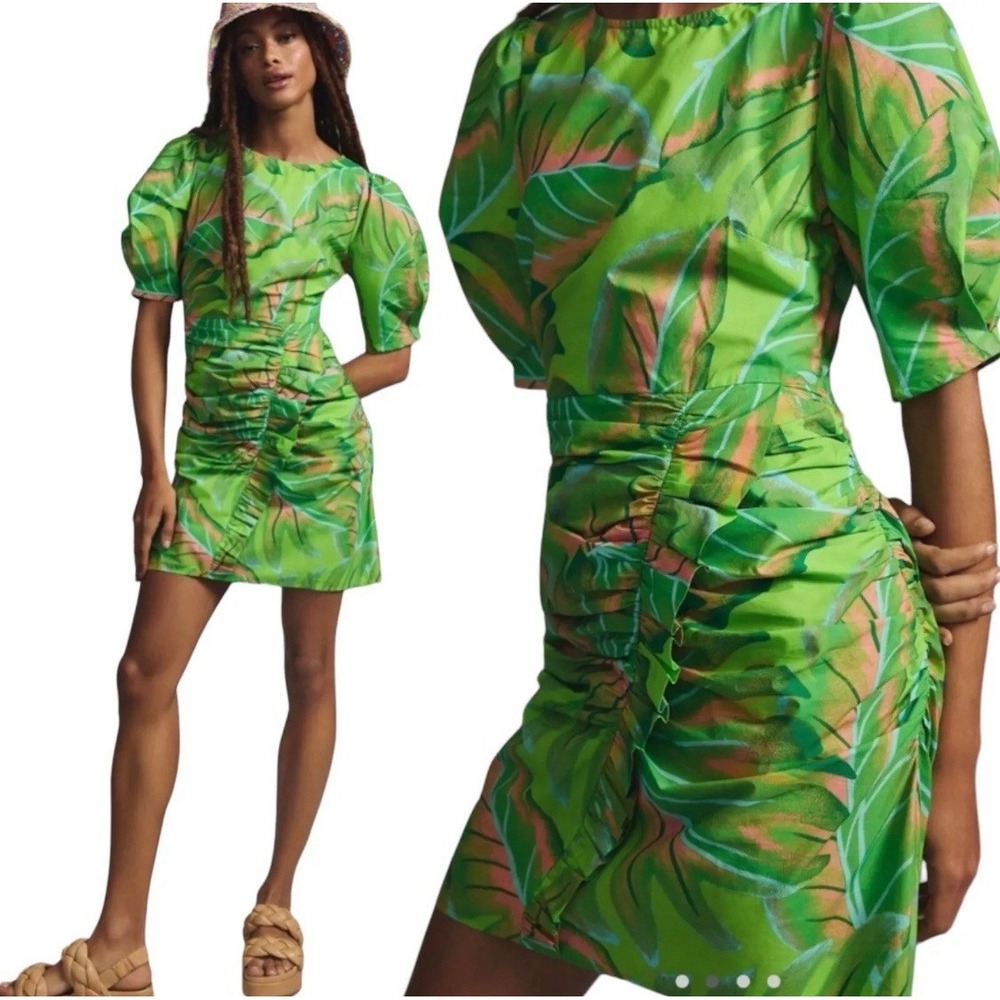 NWT FARM RIO 3XL Anthropologie Puff-Sleeve Mini Dress Lime Green Floral Ruffle - Picture 1 of 11